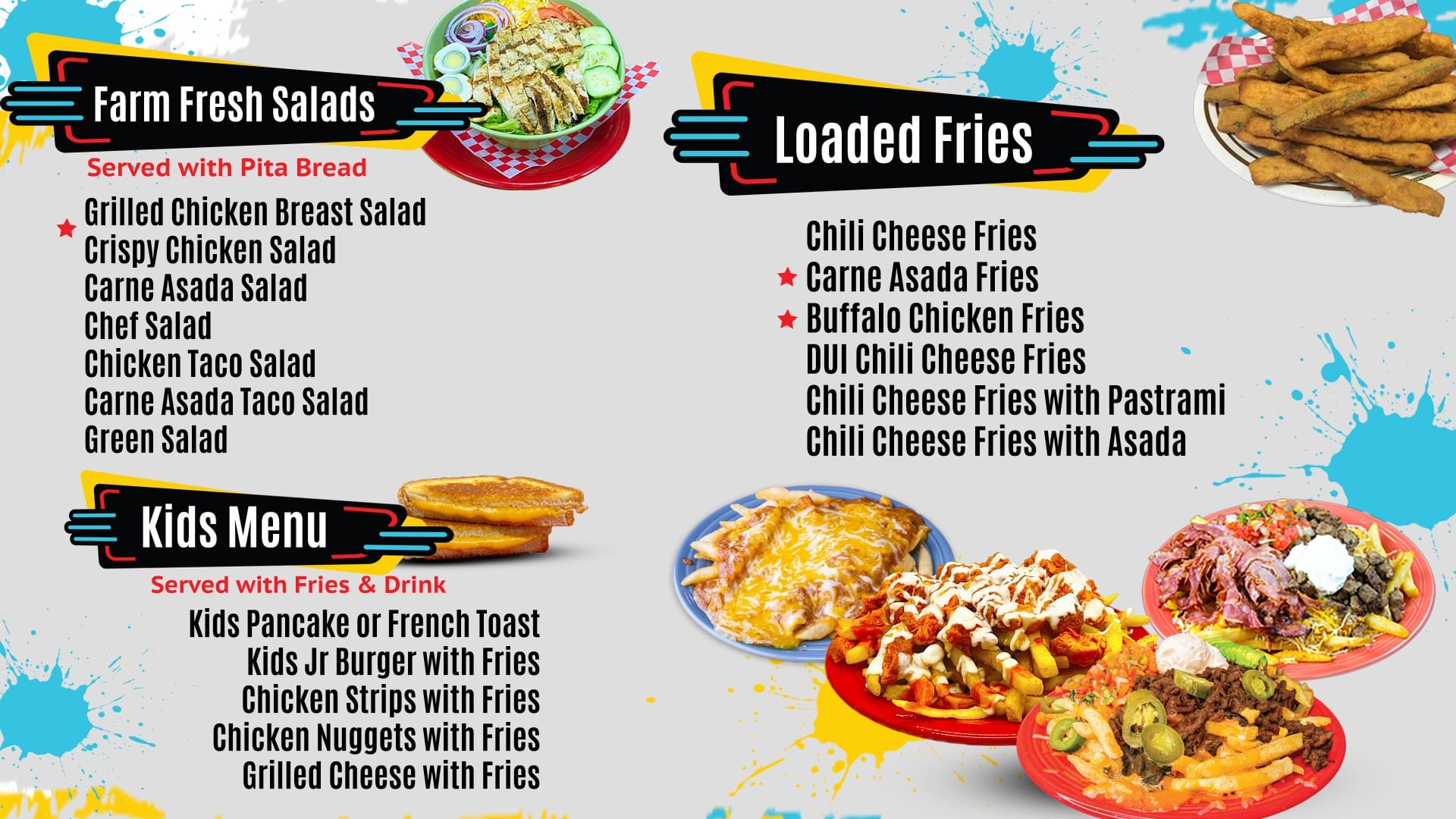 A menu of loaded fries and chili cheese fries.