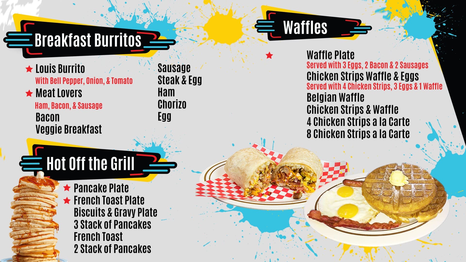 A menu of breakfast burritos and waffles.